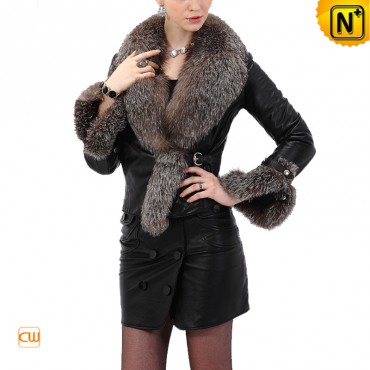 Women's Fashion Black Real Large Fox Fur Leather Jackets CW671210