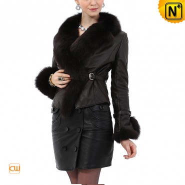Women's Designer Brown Leather Large Fox Fur Jackets CW671211