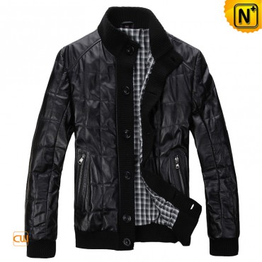 Men's Leather Jacket Fashion Knitted Bottom Black Checkered Leather Jacket CW872195