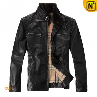 Men's Leather Jacket Checkered Shoulder Design Black Genuine Leather Jacket CW872270