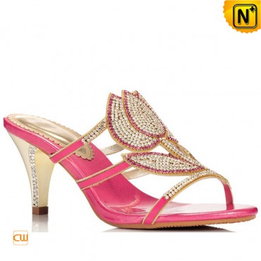 Womens Diamond Flower Leather Sandals High Heels Pink CW23716