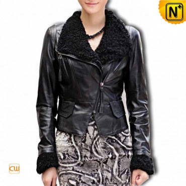 Spring Leather Jacket  Lambs Wool Black Sheepskin Leather Jackets CW610023