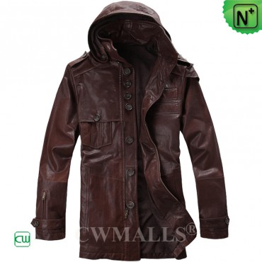 Vintage Leather Coat with Hood CW871280 | CWMALLS.COM