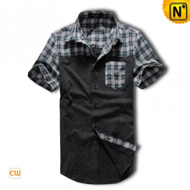 Men’s Woven with Knitted Fabric Casual Shirt Short Sleeve Dress Shirt CW130020