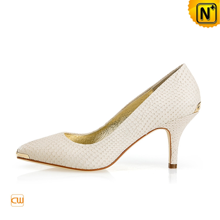 Womens White pointed Toe Stilettos Classic Embossed leather | CWMALLS