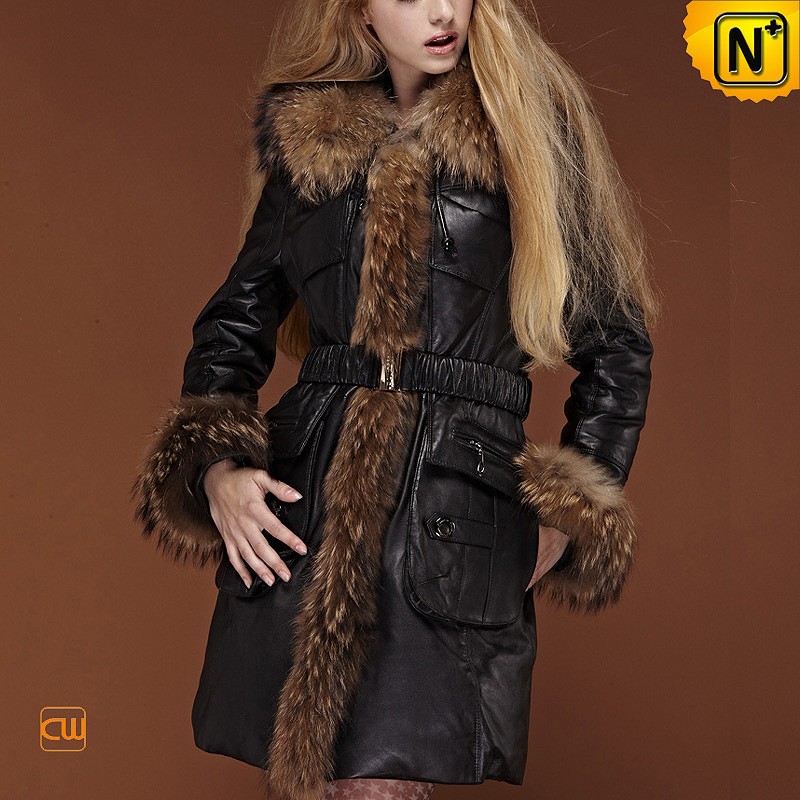 Women's Raccoon Fur Trimmed Leather Down Hooded Coat CW685048 | CWMALLS