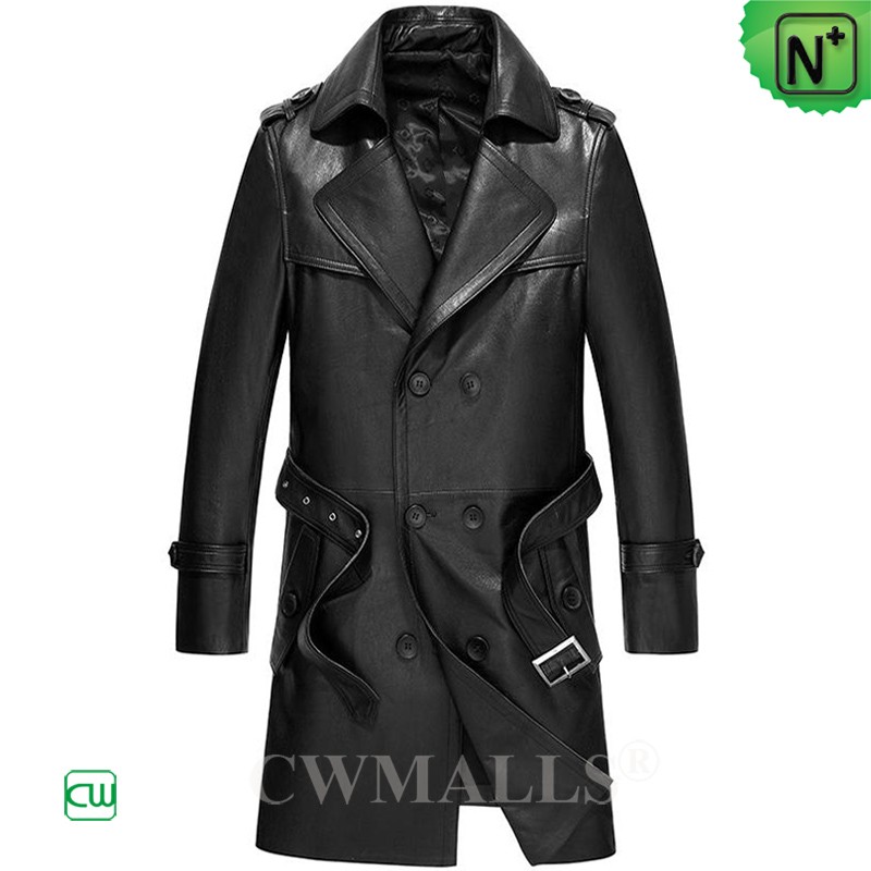 Black Notched Lapel Leather Double Breasted Men's Long Trench Coat