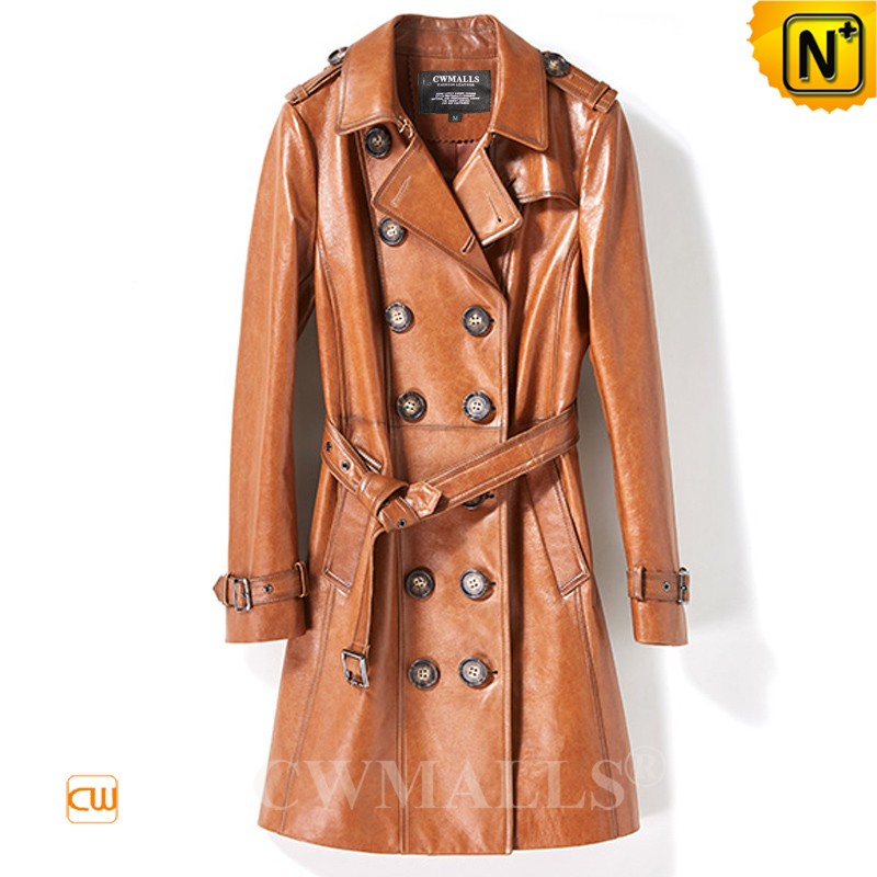 CWMALLS® Women's Double Breasted Leather Trench Coat CW619057