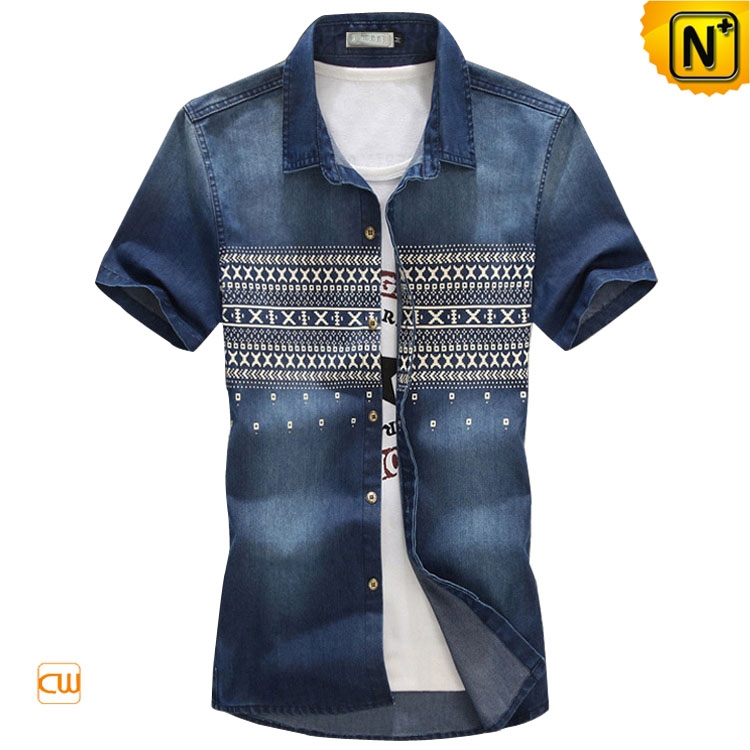 Casual Short Sleeve Mens Denim Shirt CW114107